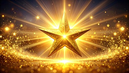 Shiny golden star with glowing light rays and glitter background