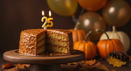 A cake with a '25' candle on a wooden stand with pumpkins and balloons in the background, surrounded by autumn leaves and decorations.