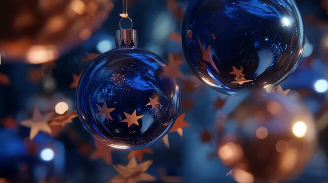 Close-up view captures shimmering deep blue glass Christmas tree ornaments adorned with falling golden star confetti creating a festive holiday atmosphere. - Powered by Adobe