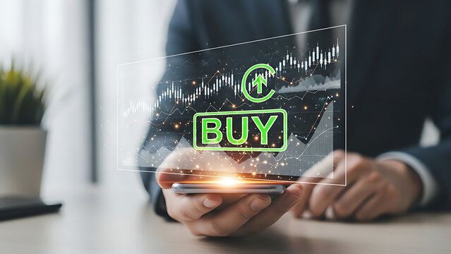 Businessman analyzing stock market trends on a smartphone with a buy signal
 - Powered by Adobe