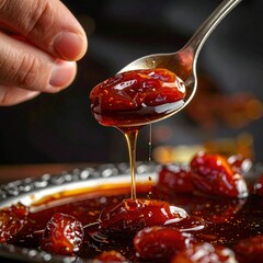 Close Up Of A Hand Holding A Spoonful Of Sticky Dates In Syrup With A Silver Platter Of Dates In The Background