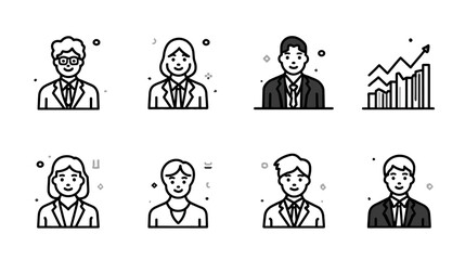 Business people avatars, diverse user profiles, and financial growth chart icons set. Modern line vector illustrations for corporate concepts.