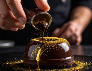 Chef Drizzles Molten Chocolate Sauce Over A Decadent Chocolate Dome Cake Garnished With Edible Gold Dust