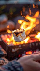 CloseUp of Golden Brown Toasted Marshmallow on Stick Over Blazing Campfire at Dusk with Blurred Hands Holding Stick