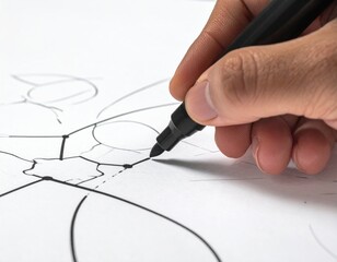 Artist Hand Drawing Abstract Design With Black Marker On White Paper With Bright Lighting And Clean Background
