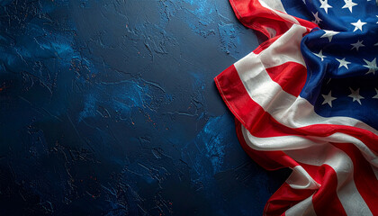 American Flag Draped Over Deep Blue Textured Surface for Patriotic, National Pride Theme.