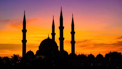 Grand Mosque Silhouette Against Vibrant Orange Purple Sunset Sky Majestic Architecture Illuminated by Golden Hour Light Worship Spiritual Landmark