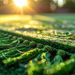 Close up of a green textured fabric with golden sun flare and bokeh effect outdoors during daytime