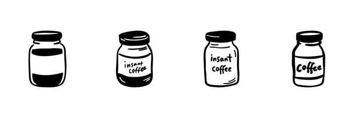 Instant Coffee Jars In Hand Drawn Style Set. Coffee Storage, Beverage Preparation, Quick Brew Doodle Sketch Collection. Caffeine Boost. Isolated Vector Illustration