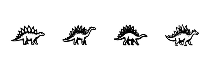 Fototapeta premium Stegosaurus Dinosaur Illustrations In Hand Drawn Style Set. Prehistoric Animal, Jurassic Era, Paleontology Doodle Sketch Collection. Vintage Fossil Representation. Isolated Vector Illustration