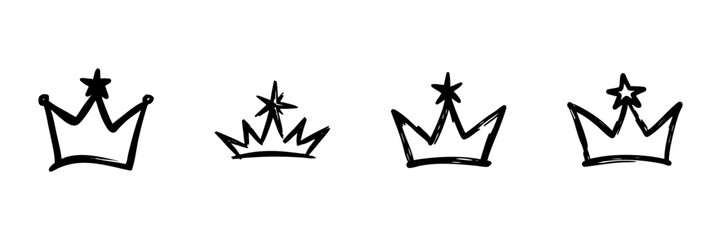 Crown Doodles With Stars In Hand Drawn Style Set. Royalty, Leadership, Achievement Symbol Sketch Collection. Decorative Elements For Design. Isolated Vector Illustration