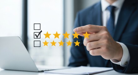 Person in suit pointing at a five-star rating with checkmark and check boxes
