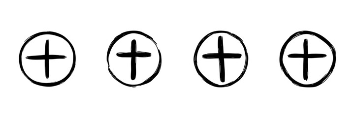 Obraz premium Four Plus Signs In Circles In Hand Drawn Style Set. Addition, Positive Symbol, Mathematical Concept Doodle Sketch Collection. Educational And Mathematical Illustration. Isolated Vector Illustration