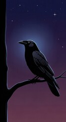 Obraz premium Silhouetted corvid perches upon a dark branch beneath a starry evening sky