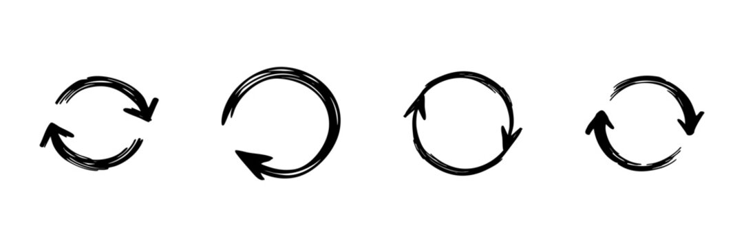 Circular Arrow Icons In Hand Drawn Style Set. Refresh, Reload, And Recycling Concept Doodle Sketch Collection. Continuous Loop Symbol. Isolated Vector Illustration