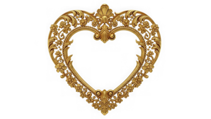 Ornate golden heart shape isolated on transparent background