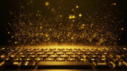 Golden Particles Exploding from a Keyboard in a Dark, Futuristic Digital Display technology data - Powered by Adobe