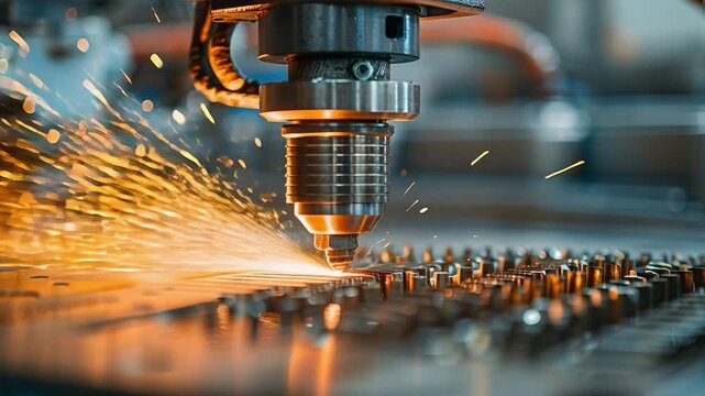 A laser cuts through metal in an industrial workshop. Sparks fly as the machine works diligently on the metal surface. The scene shows advanced technology in action as workers operate machinery