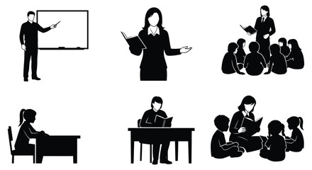 Silhouette illustrations of people learning and teaching in various educational settings