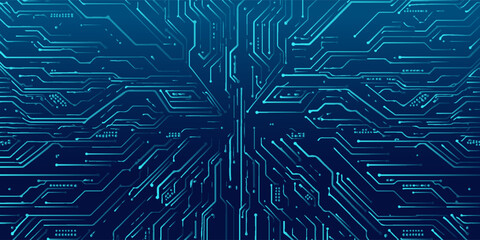 Abstract Digital Circuit Board on Electric Blue Technology Background with Connected Lines and Dots, Futuristic Motherboard Network Concept for AI, Data Technology, Cyber Security and High Tech Design