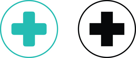 Obraz premium Medical cross icon set featuring teal and black plus signs inside circles for healthcare, pharmacy, and hospital symbols.