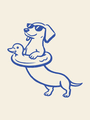 Dachshund with swim ring sunglasses doodle outline vector illustration