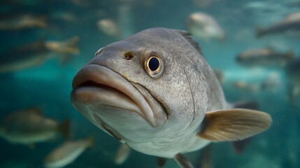 Close up portrait of a fish with large eye swimming in clear blue water soft light other fish blurred