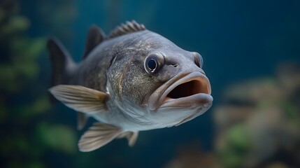 An intense close up of a bass fish with its mouth agape and eyes wide open captured in its natural underwater aquatic environment