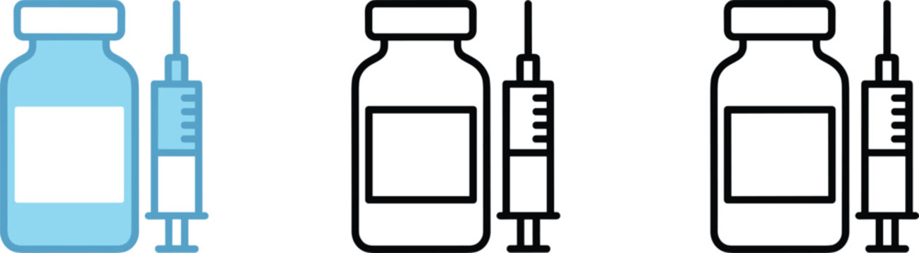 Medical vaccine vial and syringe icon set in blue and black outlines for immunization, flu shots, and healthcare.
