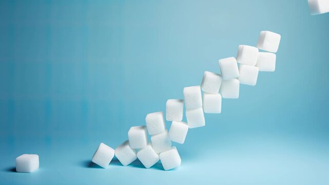 Sugar cubes arranged in a floating diagonal tower over a soft blue background with one cube separated on the left. Ample empty space on the left provides clean area for text or graphic elements in com