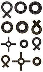 Circle, Roundabout and curve roadway parts of single and double roads. Transport icons. City road and highway top view. Aerial view of asphalt street and Road from above with footpaths and crossroads.