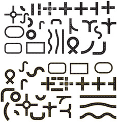 City road and highway top view. Transport icons. Aerial view of asphalt street and Road from above with footpaths and crossroads. Circle, Roundabout and curve roadway parts of single and double roads.