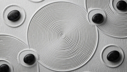 Top down view of peaceful zen garden with raked white sand in concentric circles and smooth black stones creating feeling of calm balance and serenity