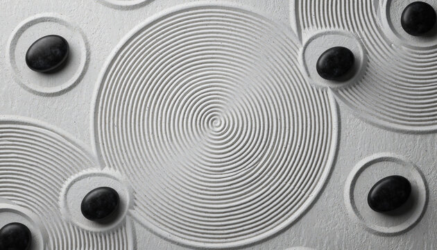 Top down view of peaceful zen garden with raked white sand in concentric circles and smooth black stones creating feeling of calm balance and serenity