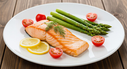 Delicious salmon fillet with asparagus and cherry tomatoes on plate