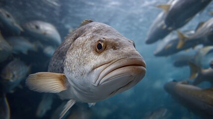 Close up underwater view of a large fish leading a school in clear blue ocean water