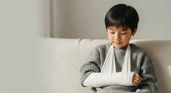 Young child with an arm cast at home, contemplating their medical recovery journey and the broader medicine concept of injury care