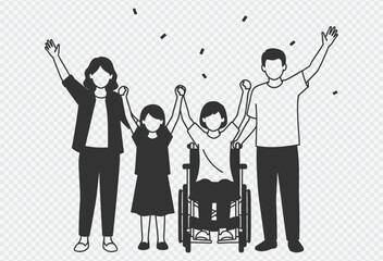 Happy family with disabled child celebrating together with confetti in the air