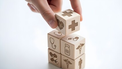 Stacking wooden blocks with medical symbols