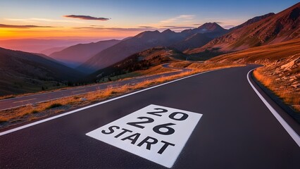 Serene mountain road at sunrise, marked with starting point