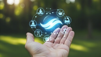 Digital network connected by human hand in nature