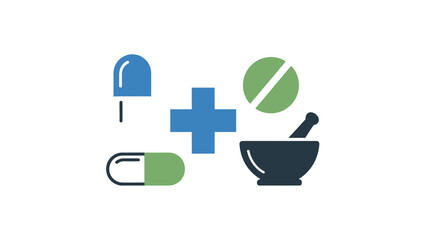 Pills, Mortar and Pestle, and Medical Cross Icon Representing Pharmacy and Pharmaceutical Medicine on Isolated White Background