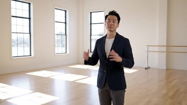 Asian Man Presenting in Bright Studio Space