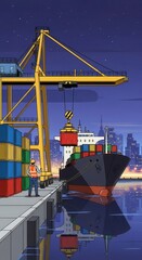 Fototapeta premium Large cargo vessel is being loaded with containers at a busy industrial port under a dark night sky