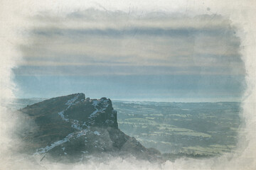 A rural British countryside winter landscape digital watercolour illustration of Hen Cloud.