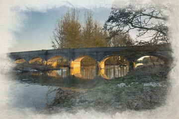 A digital watercolour painting of Weetman&rsquo;s Bridge spanning the River Trent at Little Haywood, Staffordshire.