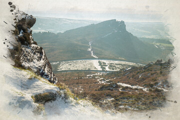 Digital watercolour painting of a winter landscape in the Staffordshire Peak District National Park.