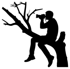 Professional Photographer Silhouette on Tree Branch Capturing Nature Photography Isolated on Transparent Background