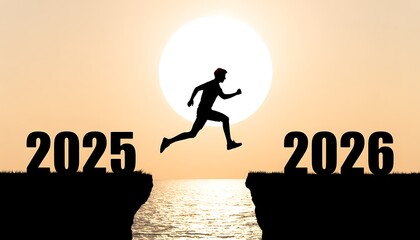 Silhouette man jumping over cliff gap from year 2025 to year 2026 concept