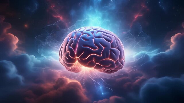 A glowing human brain with vibrant blue and pink energy emanating outwards in a cosmic nebula mind intelligence